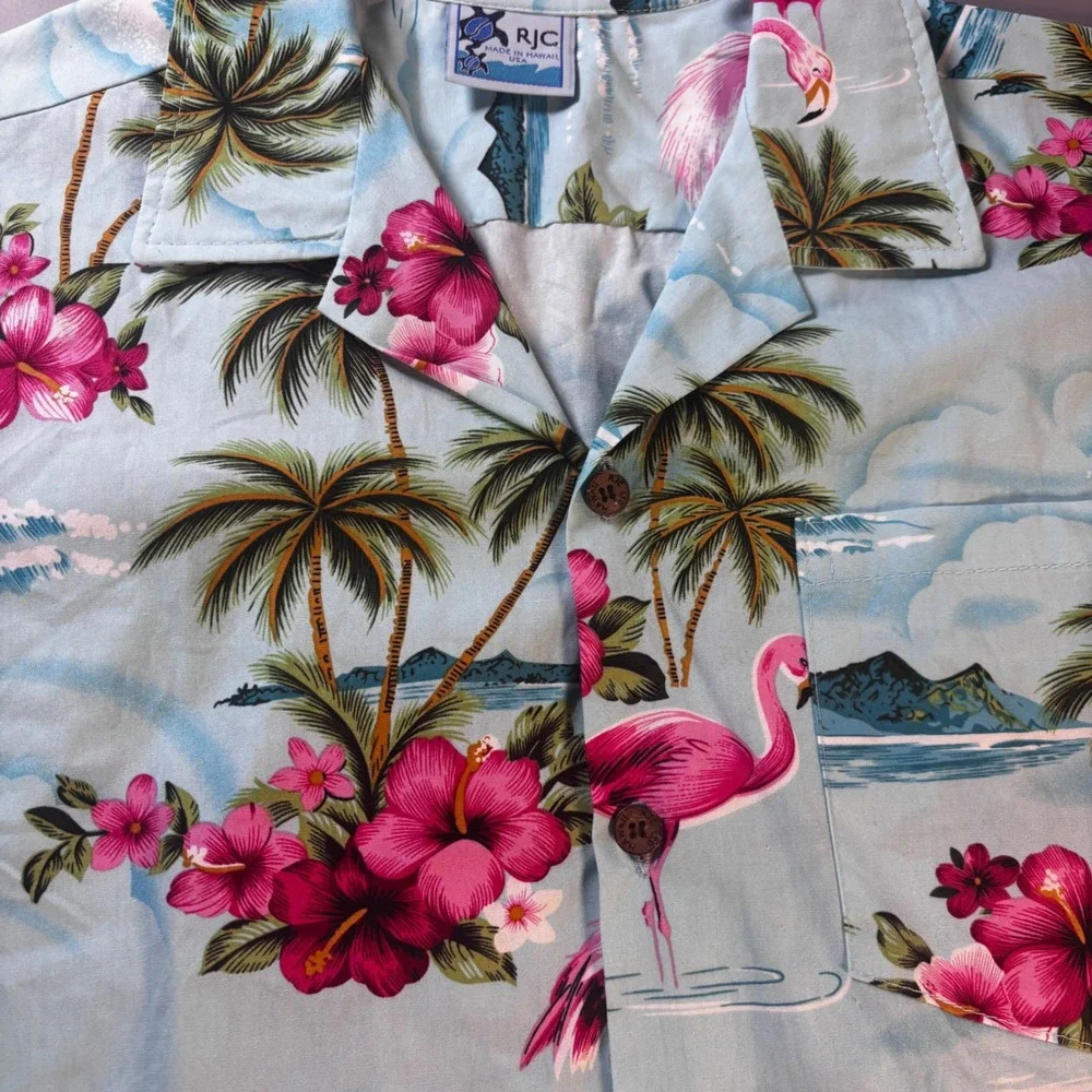 RJC‎ Hawaii Flamingo Aloha Shirt Mens Small Blue Hibiscus Tropical Made In USA